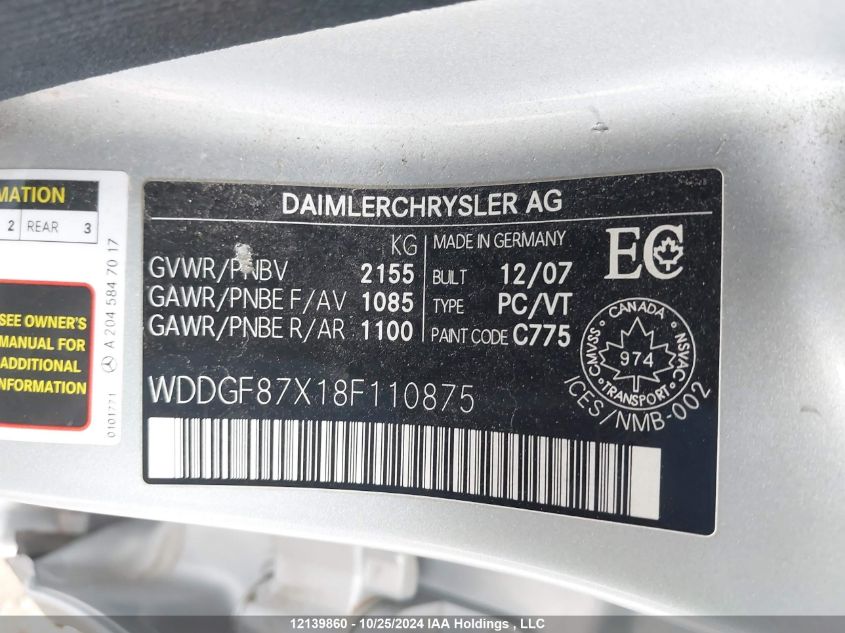 2008 Mercedes-Benz C-Class VIN: WDDGF87X18F110875 Lot: 12139860