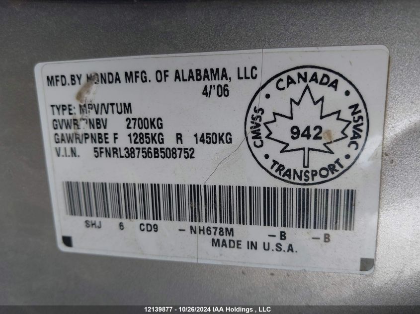 2006 Honda Odyssey VIN: 5FNRL38756B508752 Lot: 12139877