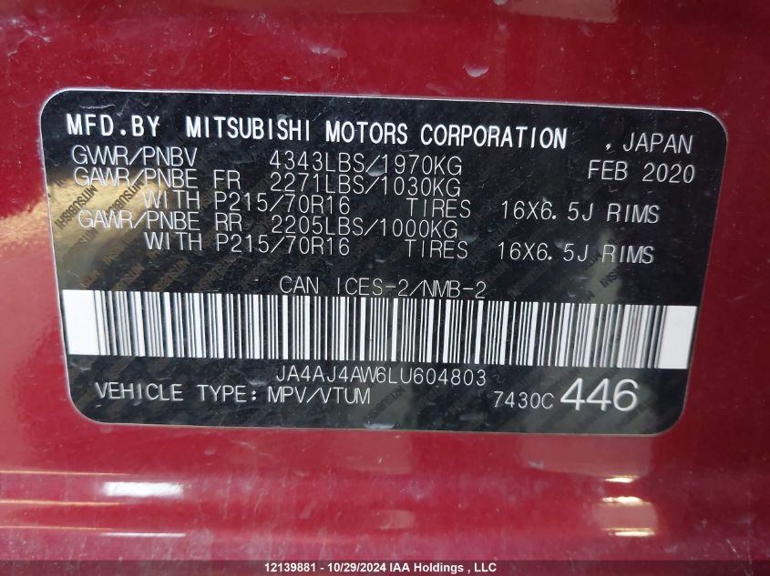 2020 Mitsubishi Rvr VIN: JA4AJ4AW6LU604803 Lot: 12139881