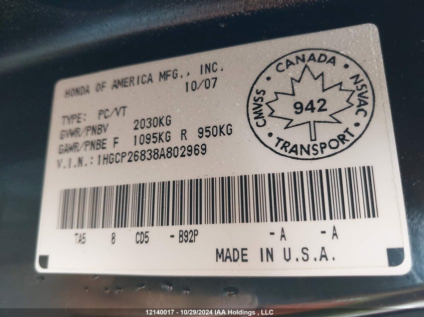1HGCP26838A802969 2008 HONDA ACCORD photo no. 9