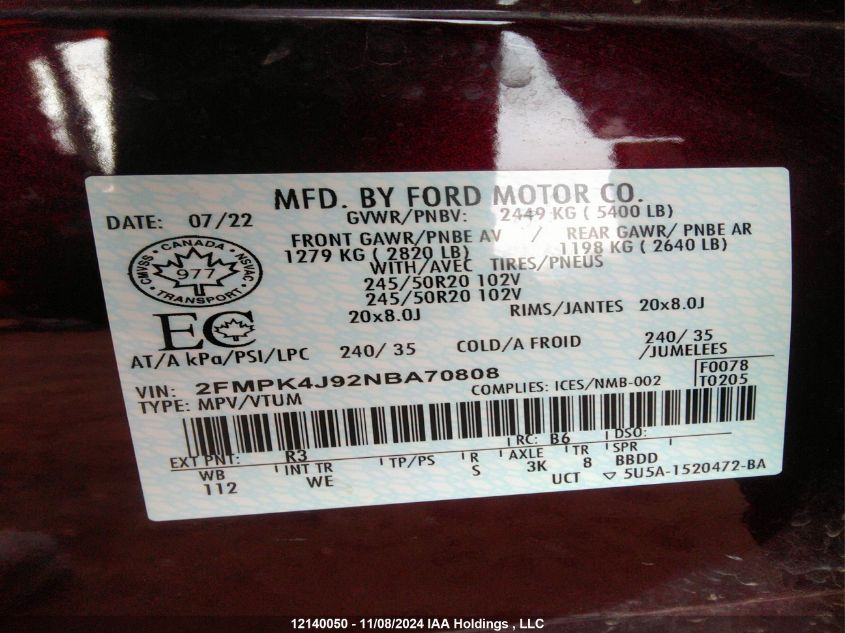 2022 Ford Edge Sel VIN: 2FMPK4J92NBA70808 Lot: 12140050