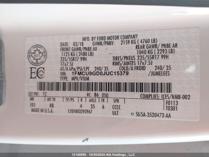 2018 Ford Escape Se VIN: 1FMCU9GD0JUC15379 Lot: 12140059