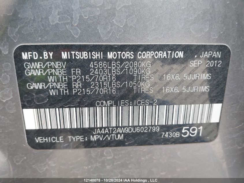 2013 Mitsubishi Outlander VIN: JA4AT2AW9DU602799 Lot: 12140075