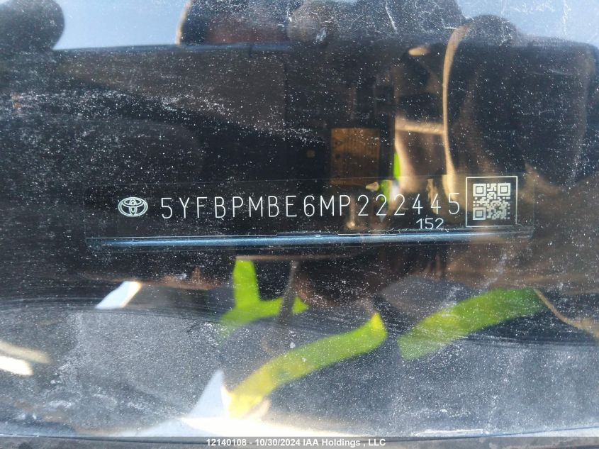 2021 Toyota Corolla Le VIN: 5YFBPMBE6MP222445 Lot: 12140108