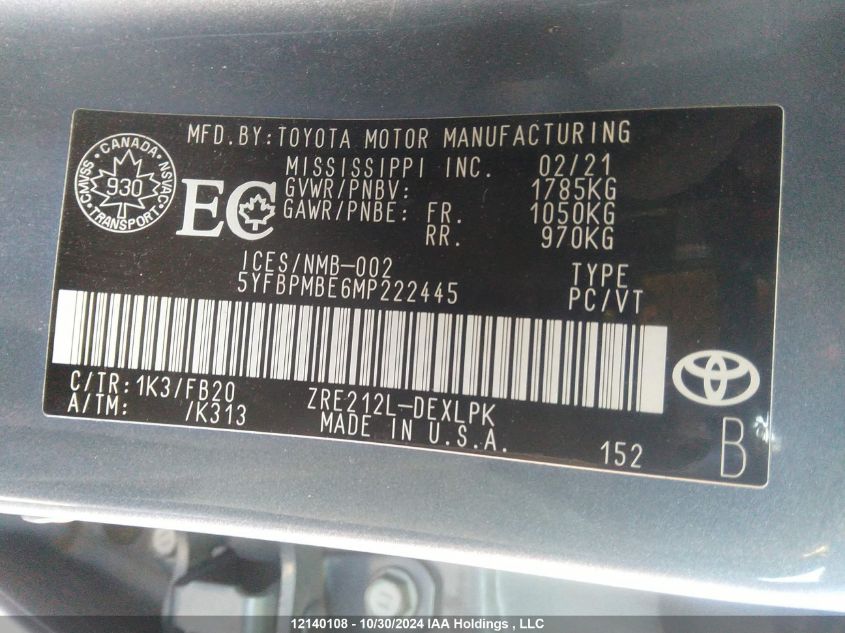 2021 Toyota Corolla Le VIN: 5YFBPMBE6MP222445 Lot: 12140108