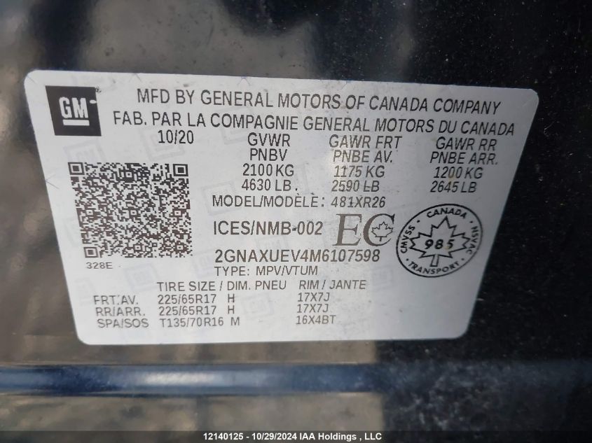 2021 Chevrolet Equinox VIN: 2GNAXUEV4M6107598 Lot: 12140125