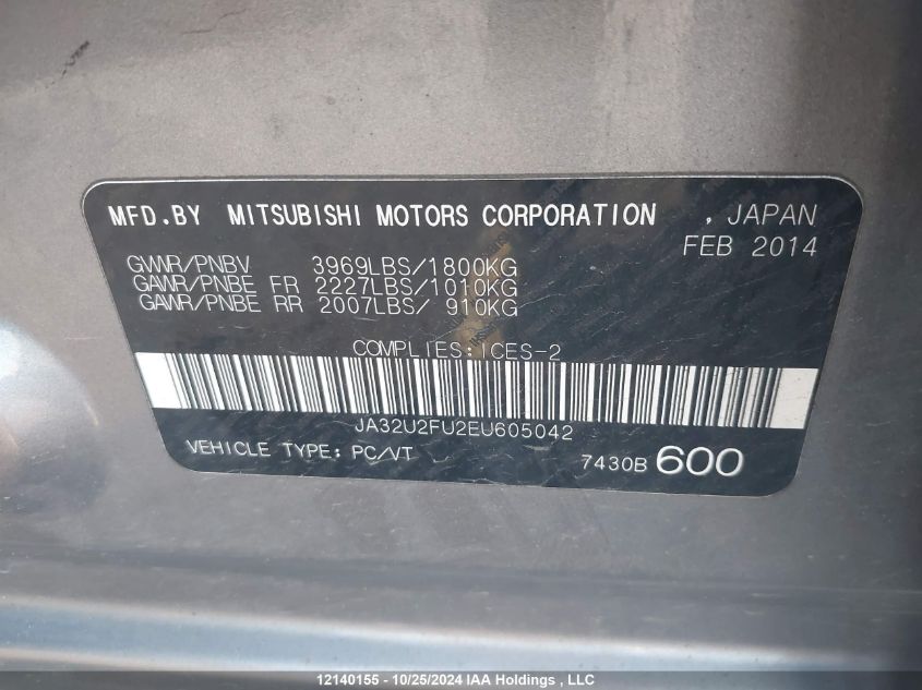 2014 Mitsubishi Lancer VIN: JA32U2FU2EU605042 Lot: 12140155