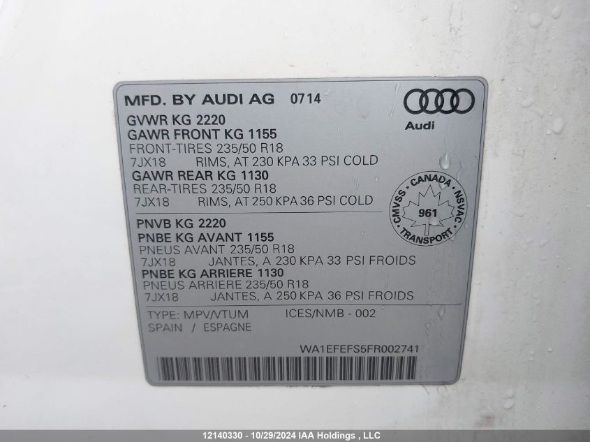 2015 Audi Q3 VIN: WA1EFEFS5FR002741 Lot: 12140330