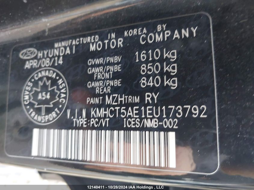 2014 Hyundai Accent Gls/Gs VIN: KMHCT5AE1EU173792 Lot: 12140411