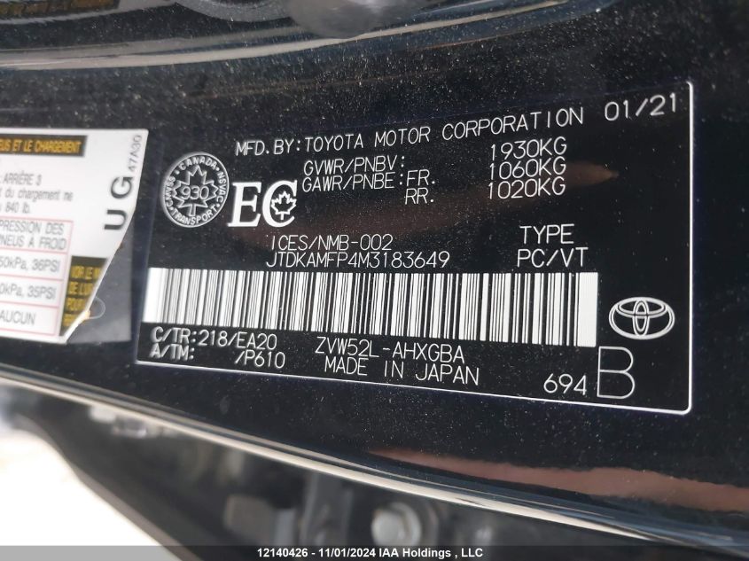 2021 Toyota Prius Prime Le/Xle/Limited VIN: JTDKAMFP4M3183649 Lot: 12140426