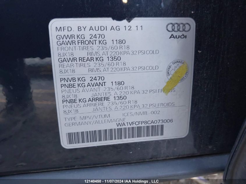 2012 Audi Q5 VIN: WA1VFCFP8CA073006 Lot: 12140450