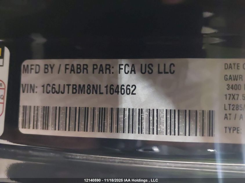 2022 Jeep Gladiator Rubicon VIN: 1C6JJTBM8NL164662 Lot: 12140590