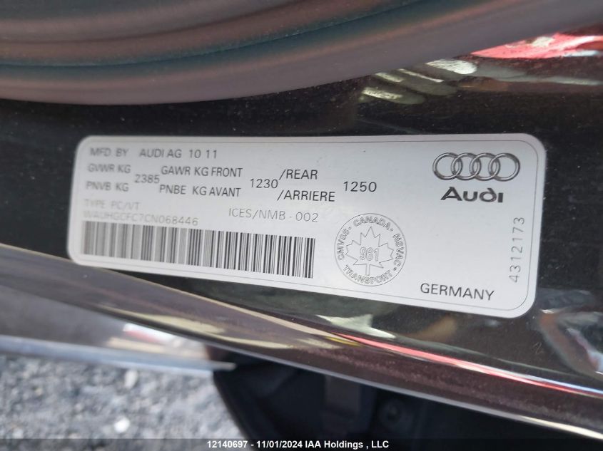 2012 Audi A6 VIN: WAUHGCFC7CN068446 Lot: 12140697