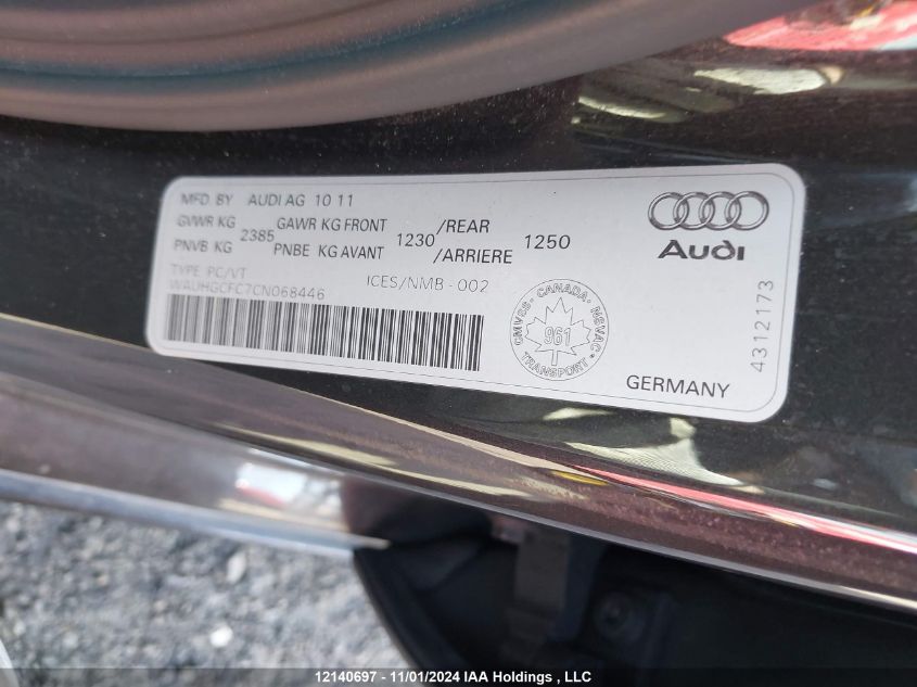 2012 Audi A6 VIN: WAUHGCFC7CN068446 Lot: 12140697