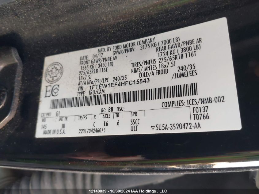 2017 Ford F-150 Xlt VIN: 1FTEW1EF4HFC15543 Lot: 12140839