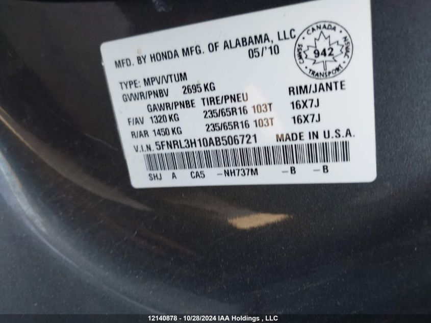 2010 Honda Odyssey VIN: 5FNRL3H10AB506721 Lot: 12140878