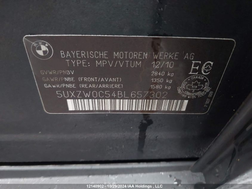 2011 BMW X5 VIN: 5UXZW0C54BL657302 Lot: 12140902