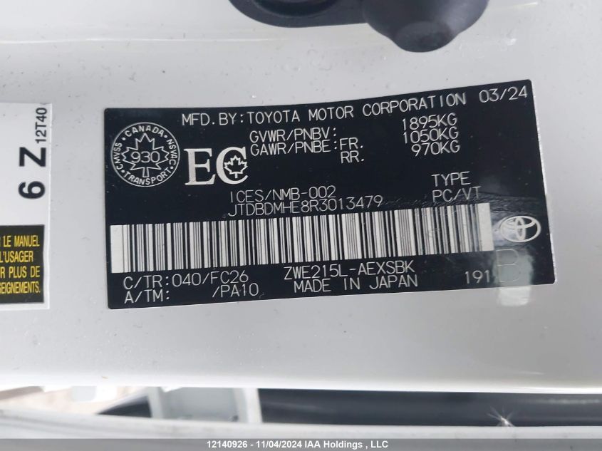 2024 Toyota Corolla Le/Se/Night Shade VIN: JTDBDMHE8R3013479 Lot: 12140926