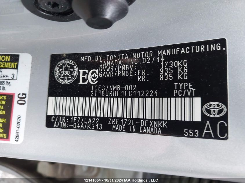 2014 Toyota Corolla L/Le/Le Pls/Prm/S/S Pls VIN: 2T1BURHE1EC112224 Lot: 12141054