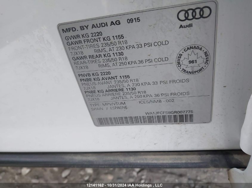 2016 Audi Q3 VIN: WA1JFCFS8GR007775 Lot: 12141162