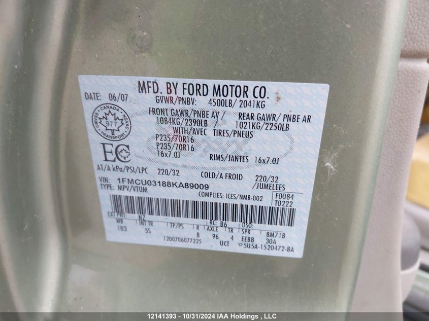 2008 Ford Escape Xlt VIN: 1FMCU03188KA89009 Lot: 12141393