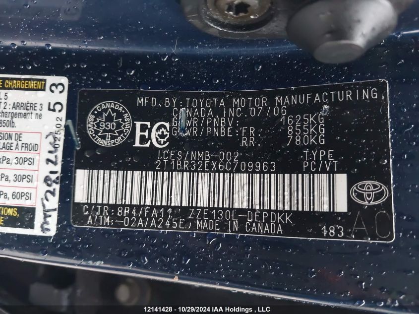 2006 Toyota Corolla Ce/Le/S VIN: 2T1BR32EX6C709963 Lot: 12141428