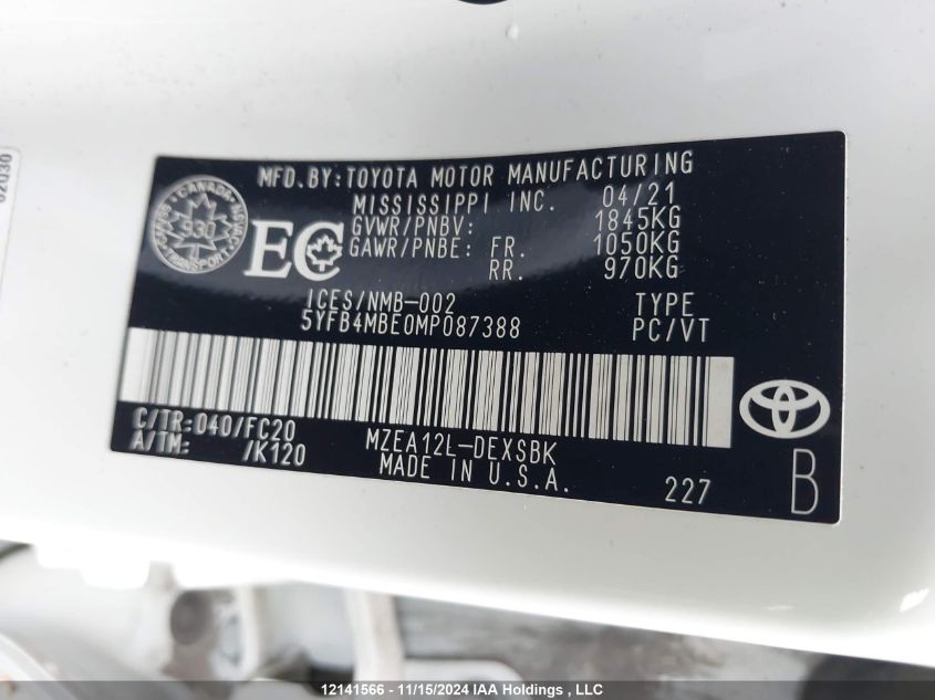 2021 Toyota Corolla Se VIN: 5YFB4MBE0MP087388 Lot: 12141566