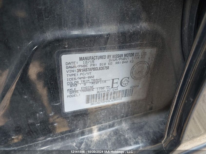 2016 Nissan Sentra VIN: 3N1AB7AP0GL636758 Lot: 12141586