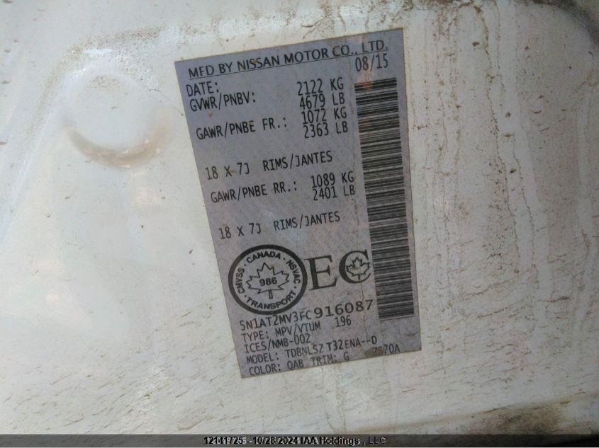 2015 Nissan Rogue VIN: 5N1AT2MV3FC916087 Lot: 12141725