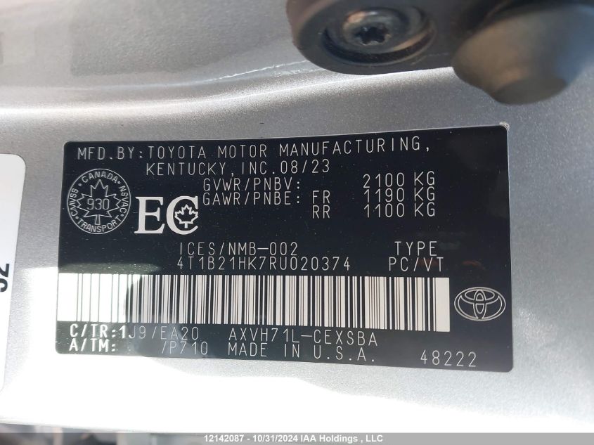 2024 Toyota Camry Hybrid Se VIN: 4T1B21HK7RU020374 Lot: 12142087