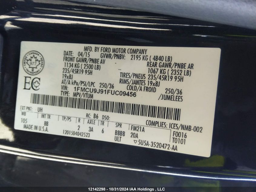 2015 Ford Escape Titanium VIN: 1FMCU9J91FUC09456 Lot: 12142298