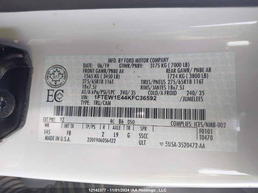 2019 Ford F150 Supercrew VIN: 1FTEW1E44KFC36592 Lot: 12142377