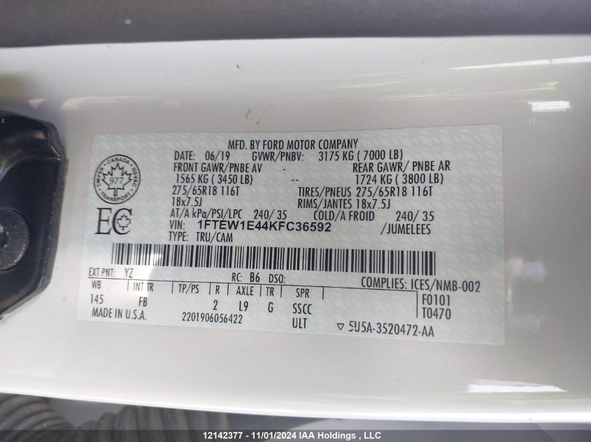 2019 Ford F150 Supercrew VIN: 1FTEW1E44KFC36592 Lot: 12142377