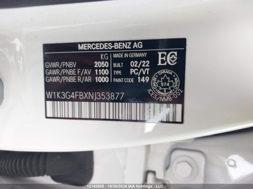 2022 Mercedes-Benz A 220 4Mtic VIN: W1K3G4FBXNJ353877 Lot: 12142805