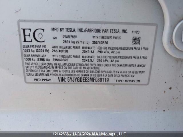 2021 Tesla Model Y VIN: 5YJYGDEE3MF080119 Lot: 12142838