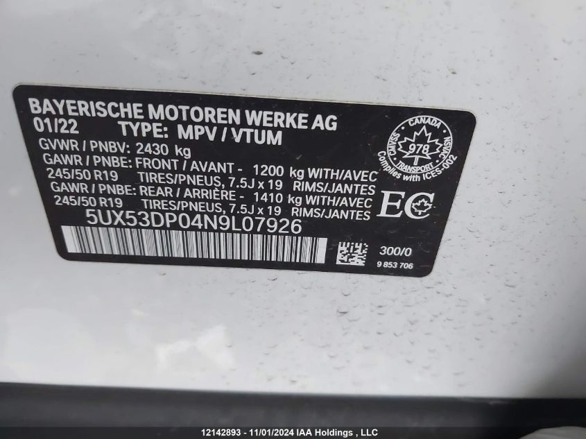 2022 BMW X3 VIN: 5UX53DP04N9L07926 Lot: 12142893