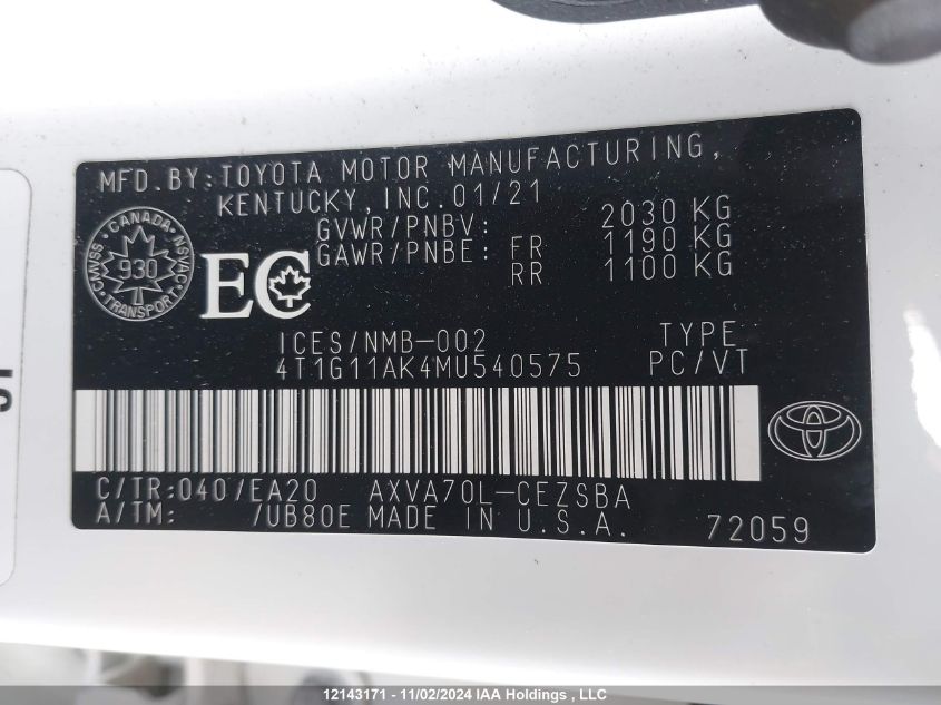 2021 Toyota Camry Se/Se Night Shade VIN: 4T1G11AK4MU540575 Lot: 12143171