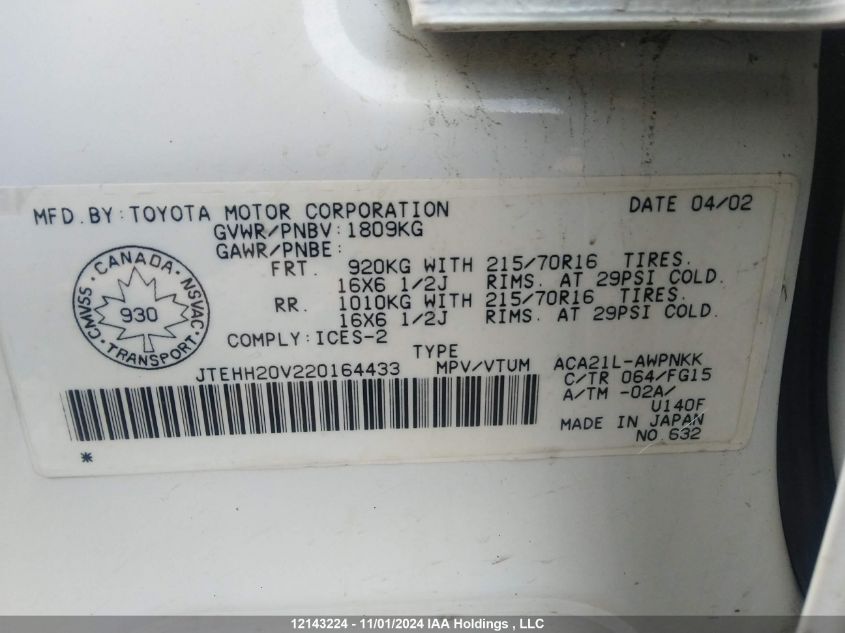 2002 Toyota Rav4 VIN: JTEHH20V220164433 Lot: 12143224