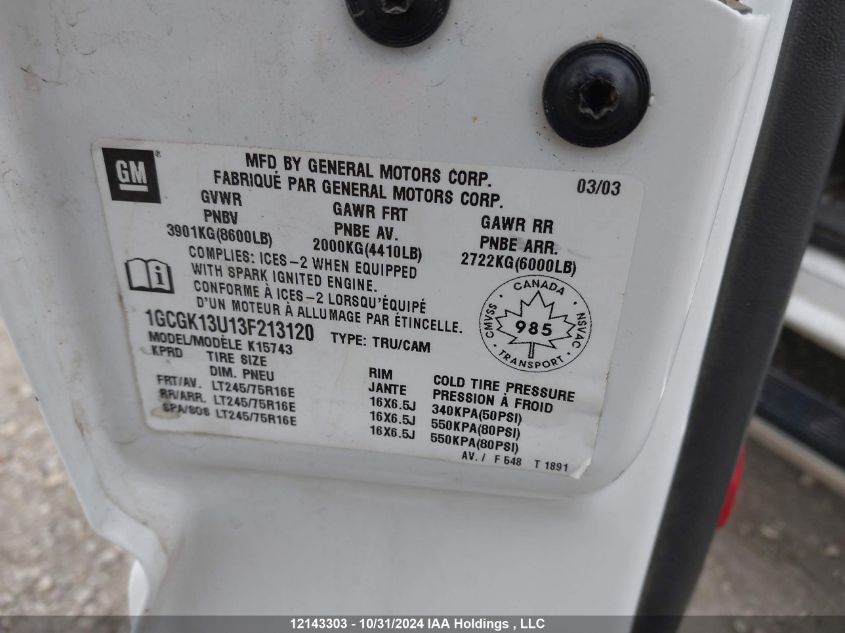 2003 Chevrolet Silverado 1500 VIN: 1GCGK13U13F213120 Lot: 12143303