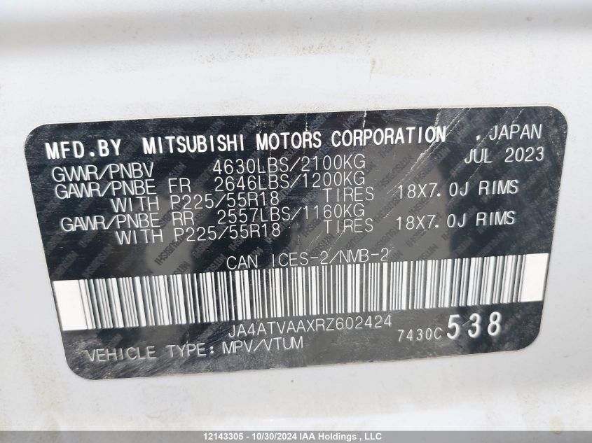 2024 Mitsubishi Eclipse VIN: JA4ATVAAXRZ602424 Lot: 12143305