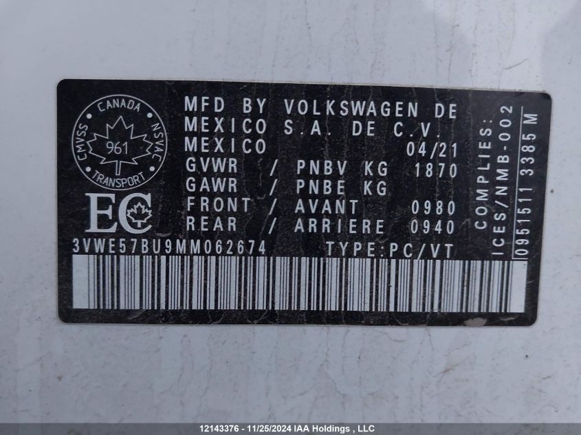 2021 Volkswagen Jetta VIN: 3VWE57BU9MM062674 Lot: 12143376