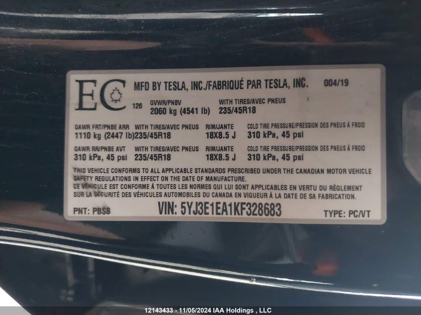 2019 Tesla Model 3 VIN: 5YJ3E1EA1KF328683 Lot: 12143433