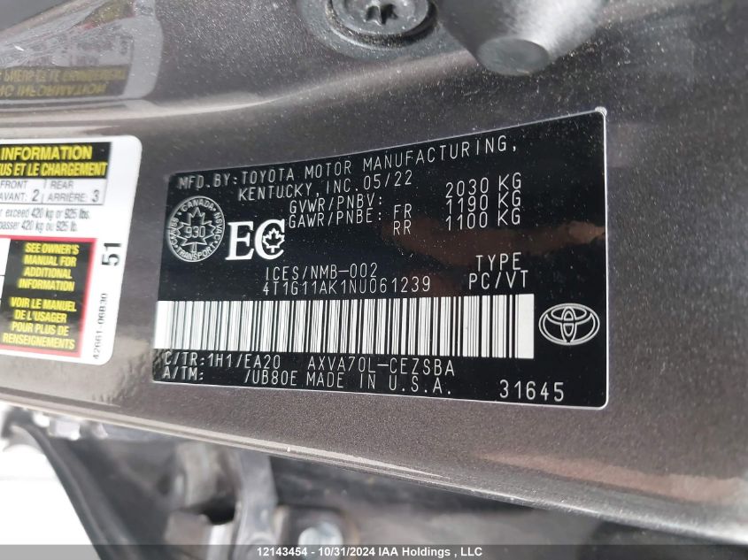 2022 Toyota Camry Se/Se Night Shade VIN: 4T1G11AK1NU061239 Lot: 12143454