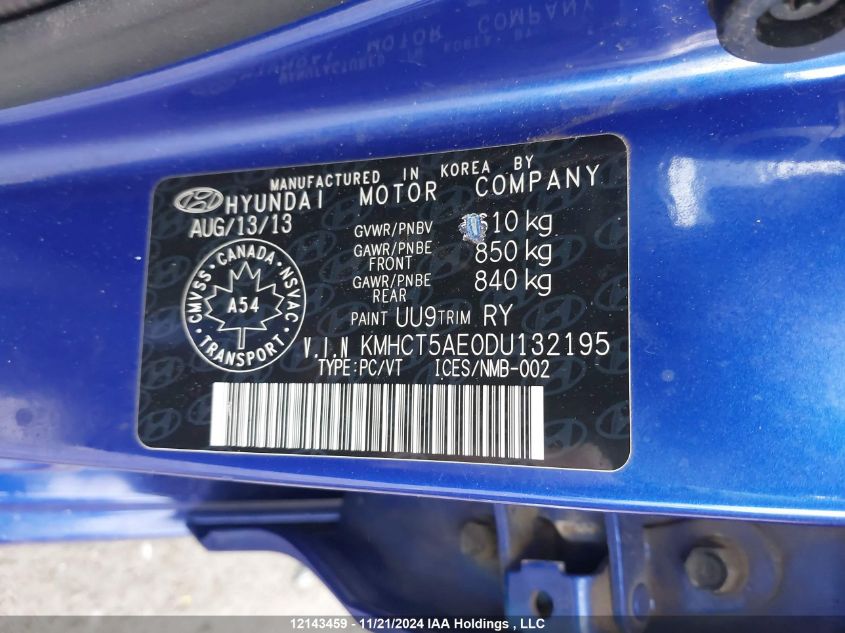 2013 Hyundai Accent Gl VIN: KMHCT5AE0DU132195 Lot: 12143459