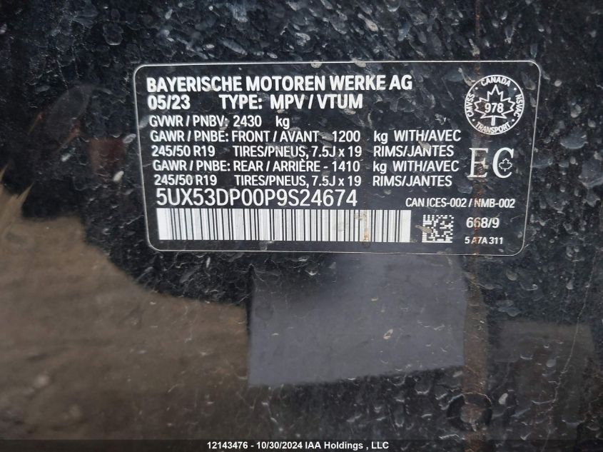 2023 BMW X3 VIN: 5UX53DP00P9S24674 Lot: 12143476