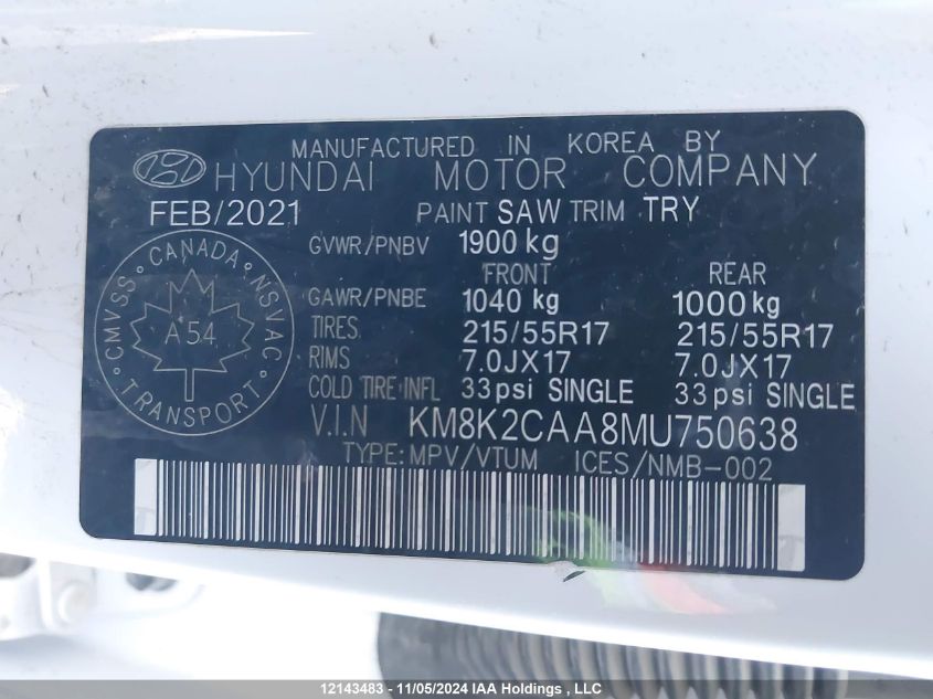 2021 Hyundai Kona Sel VIN: KM8K2CAA8MU750638 Lot: 12143483