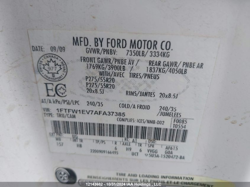 2010 Ford F150 Supercrew VIN: 1FTFW1EV7AFA37385 Lot: 12143682