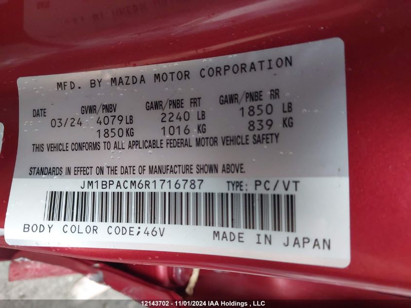 2024 Mazda Mazda3 VIN: JM1BPACM6R1716787 Lot: 12143702