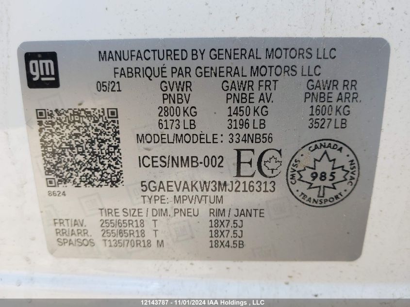 2021 Buick Enclave VIN: 5GAEVAKW3MJ216313 Lot: 12143787