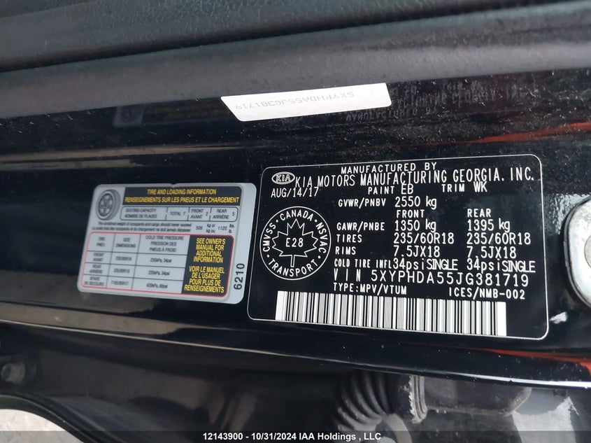 2018 Kia Sorento VIN: 5XYPHDA55JG381719 Lot: 12143900